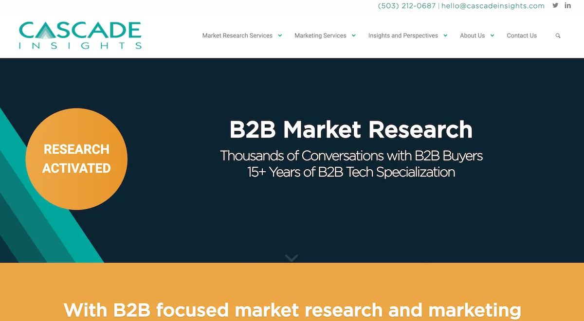 B2B market research company Cascade Insights' website