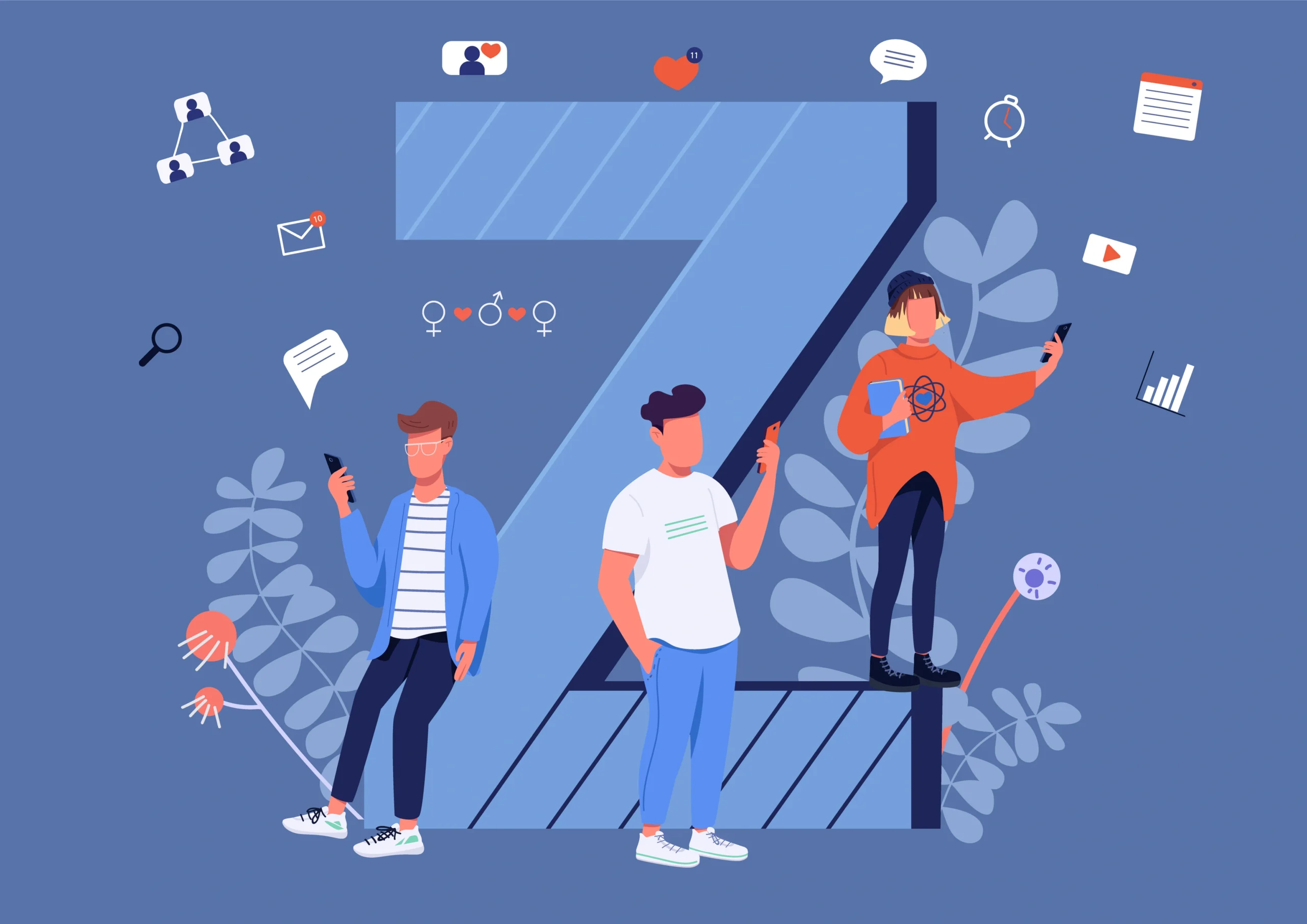 An illustration showcasing three Gen Zers along with things that make the Gen Z generation what it is