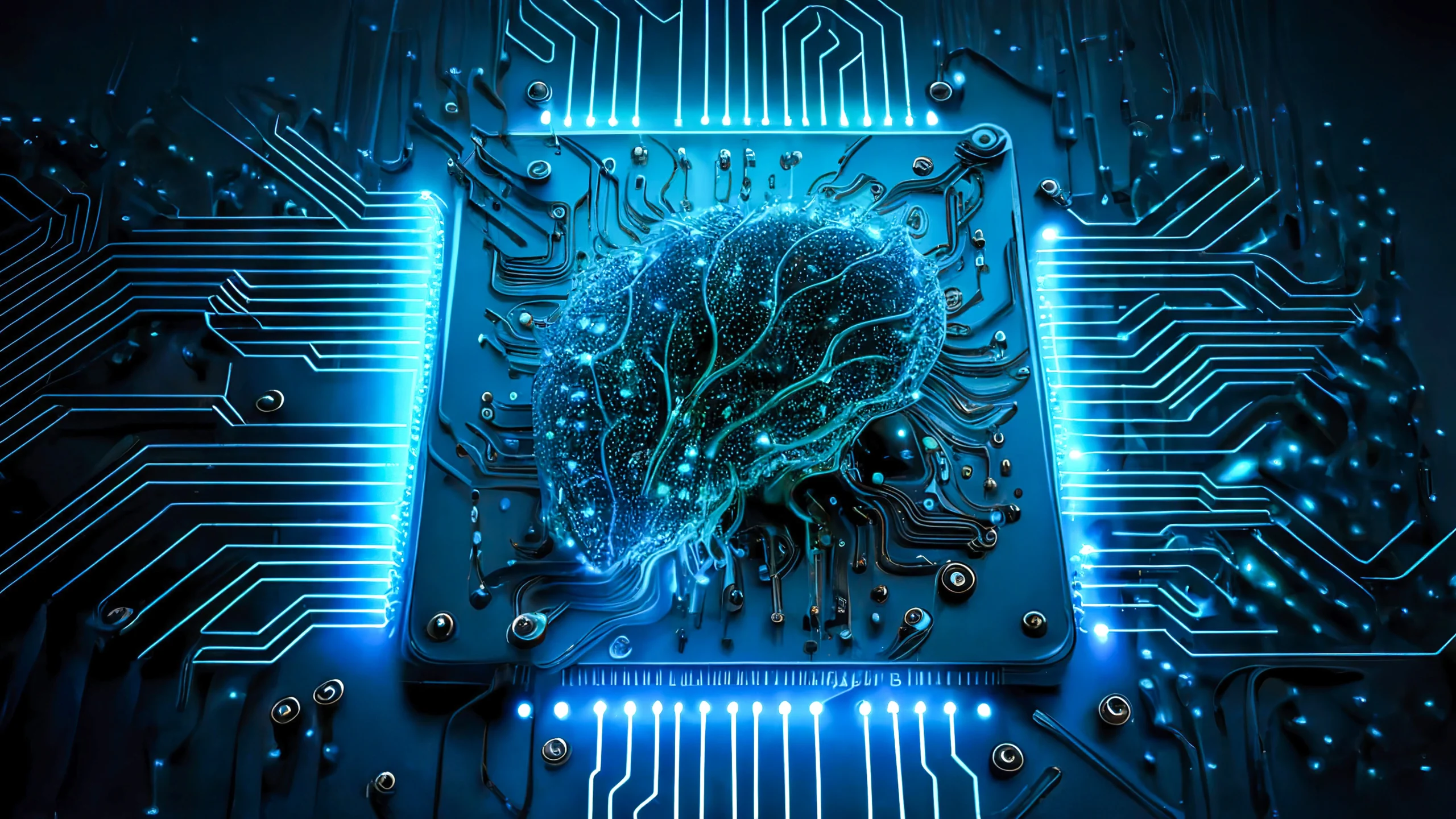 A stock photo showcasing a manufactured brain connected to technology