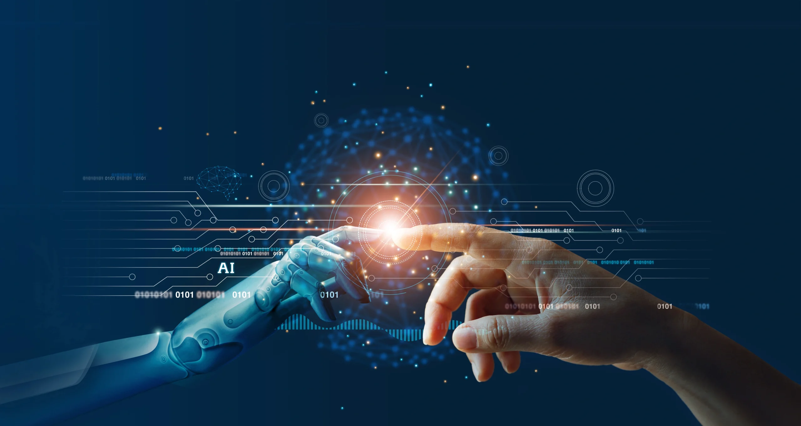 An illustration of a robot touching a human finger in a collaborative manner