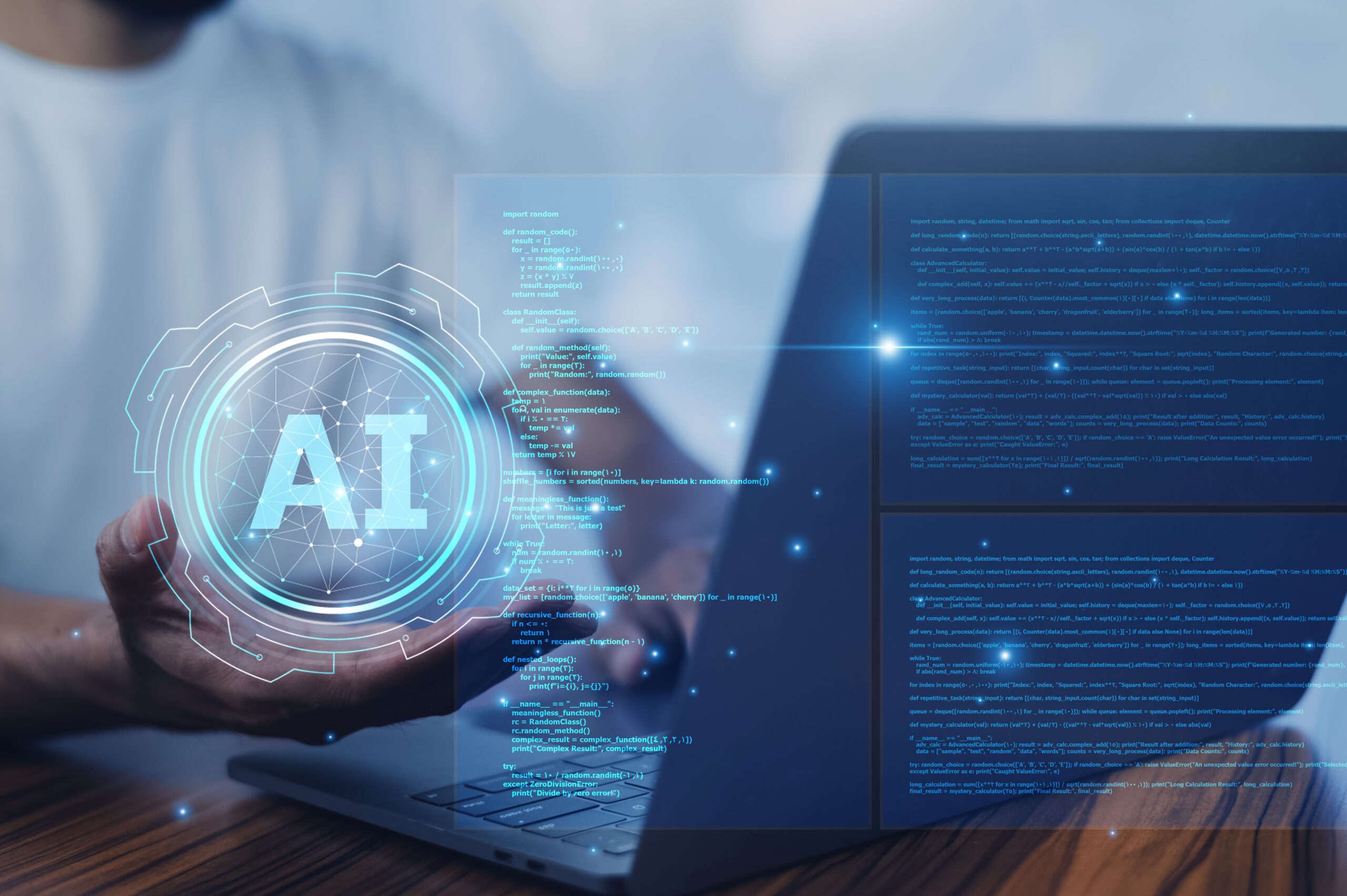 An illustration showcasing AI elements overlaid on a man using a computer