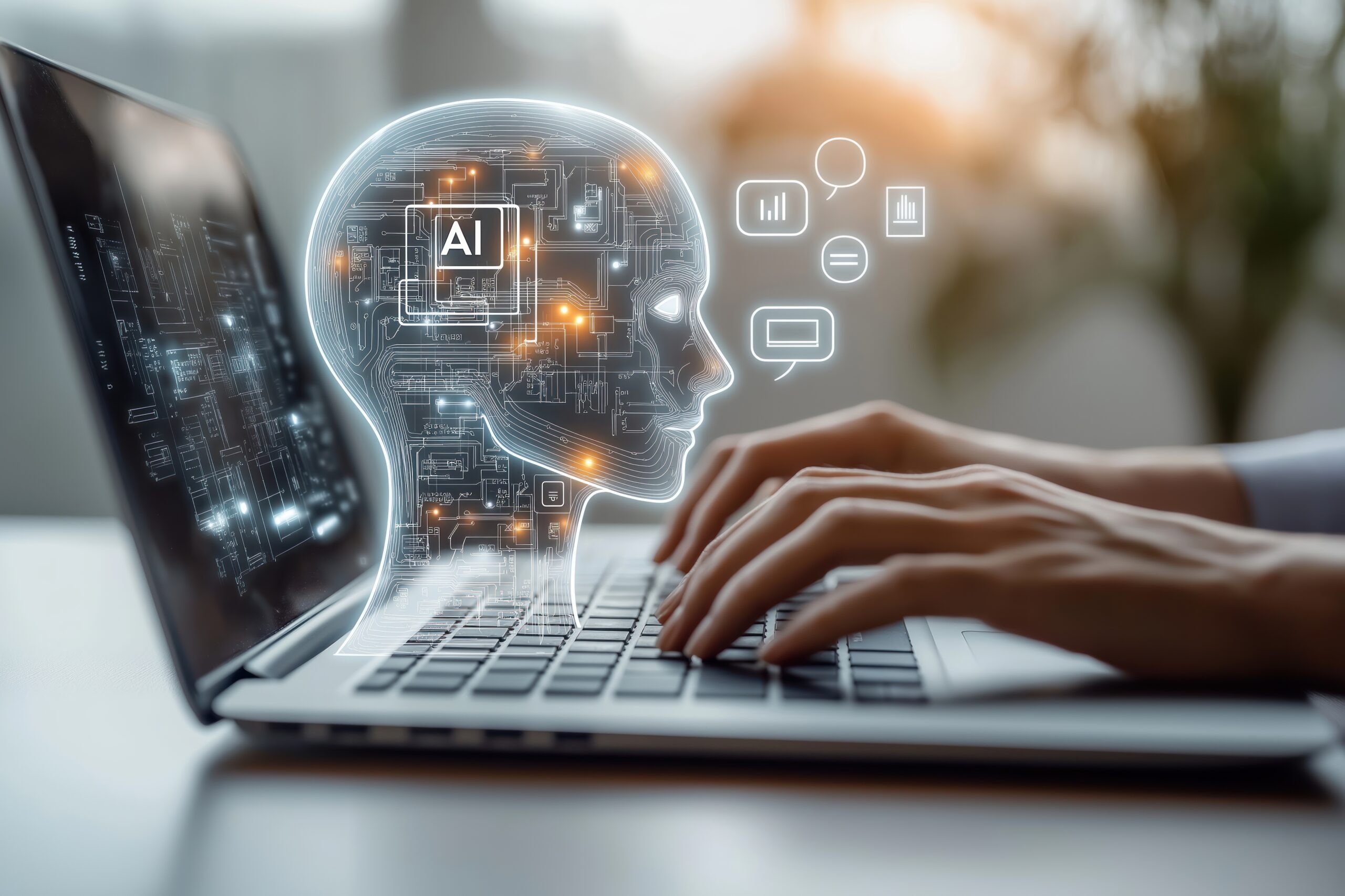 Person uses laptop interacting with AI virtual assistant. AI head graphic overlay laptop keyboard. Concept of AI prompt engineering, LLM. Person types on keyboard to communicate with virtual An illustration of an AI persona being used on a laptop