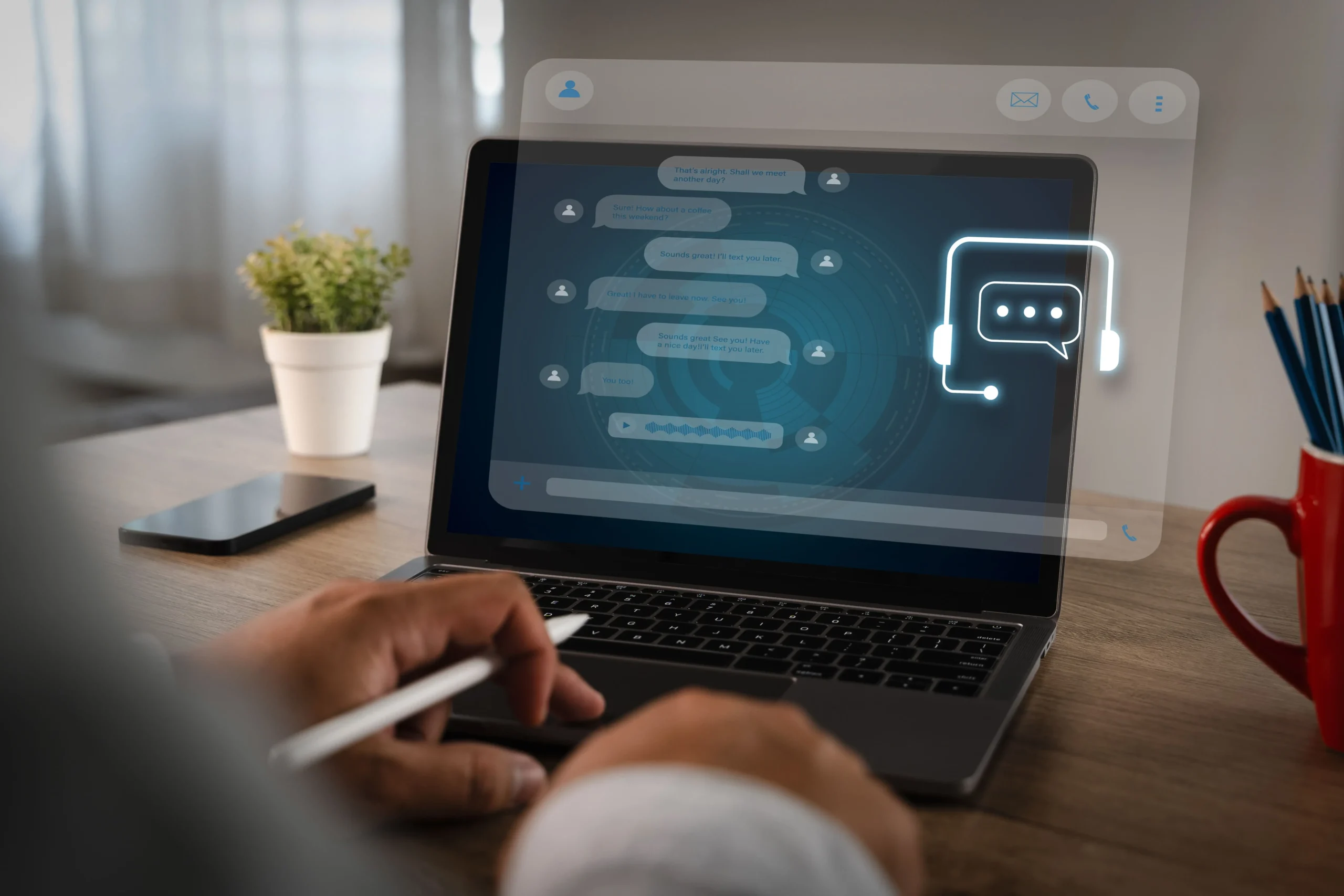 An illustration showcasing a human chatting with an AI bot on a computer