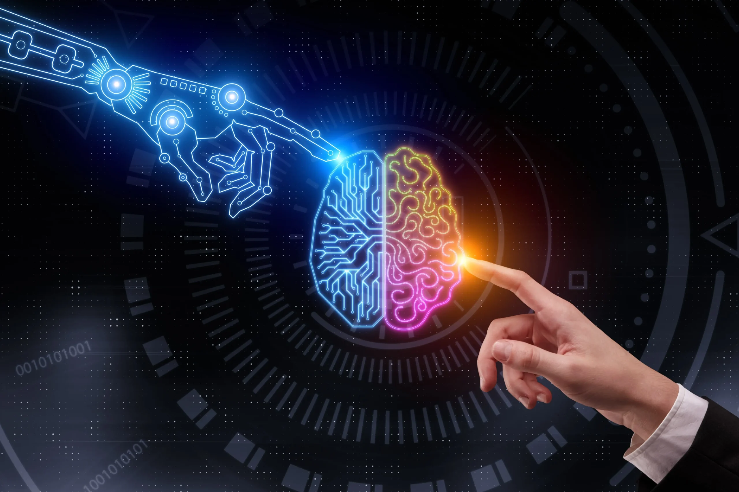 An illustration of an AI brain and a human brain working together