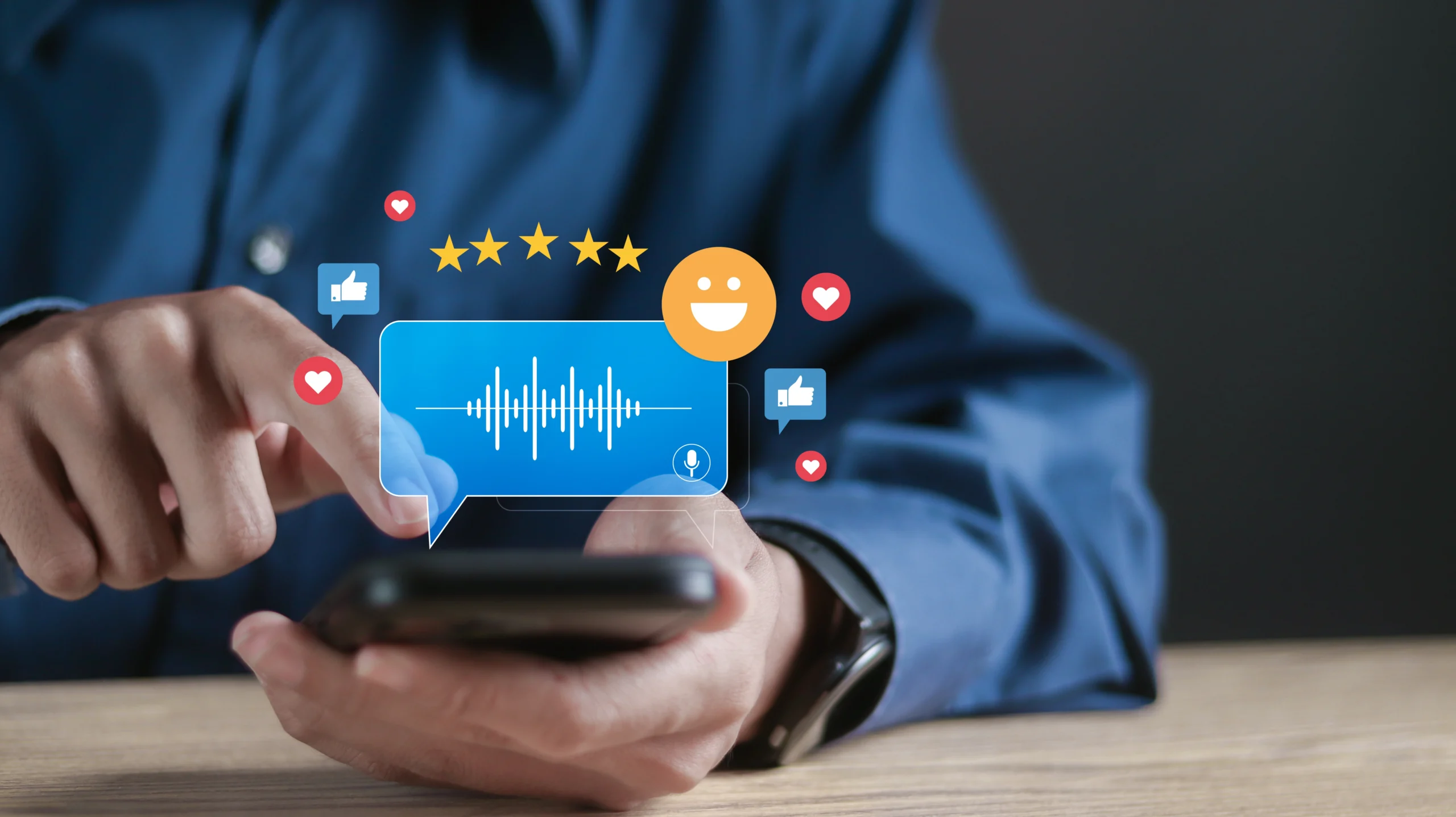 A man holding a smartphone with illustrations popping out of it, like a smiley face and five star rating.