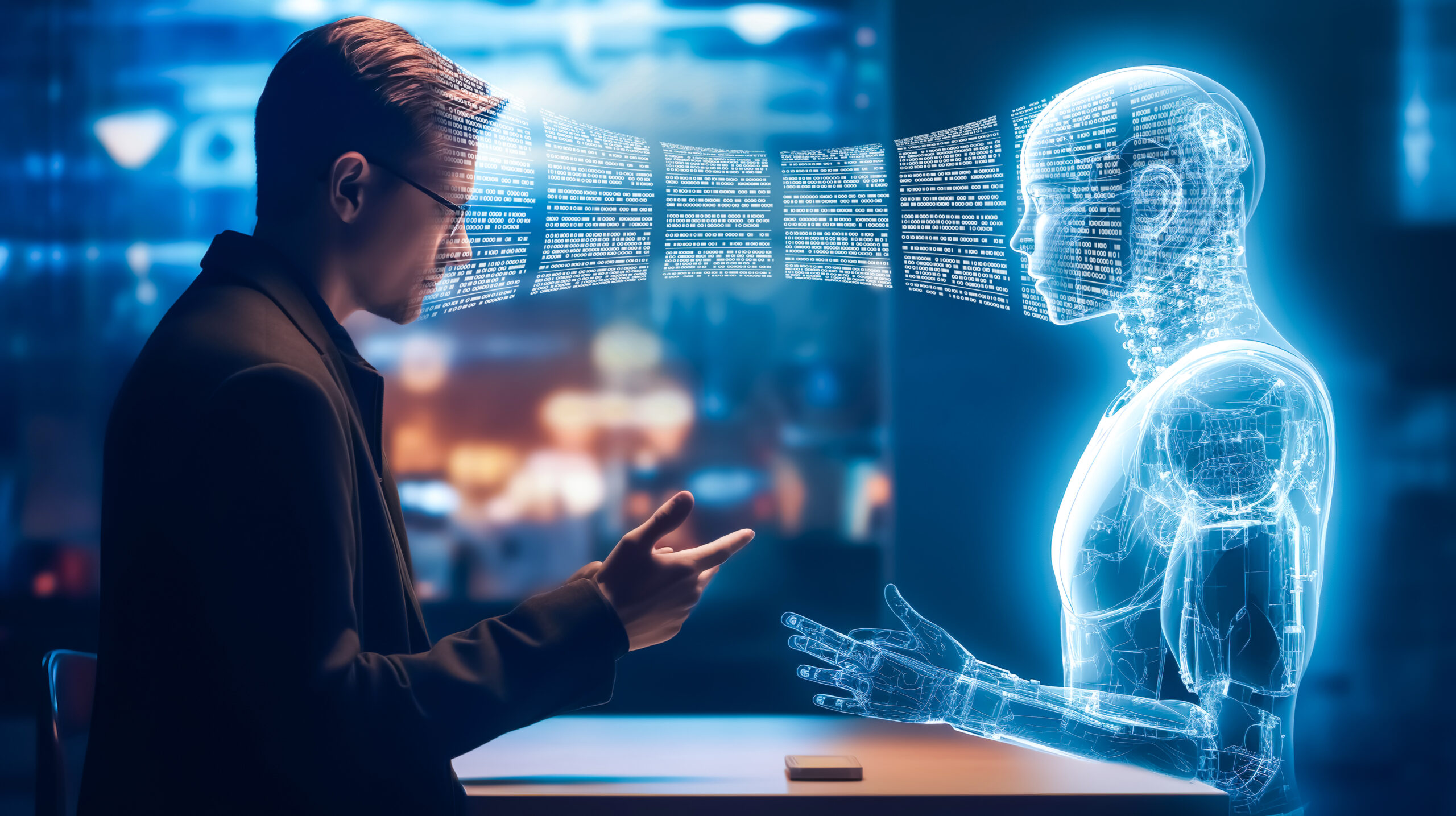 A human standing in front of an AI robot, measuring the differences.