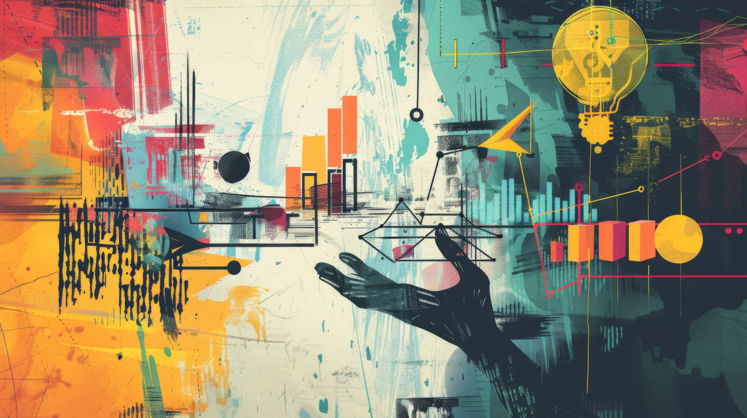 An illustration with abstract art alongside charts and graphs.