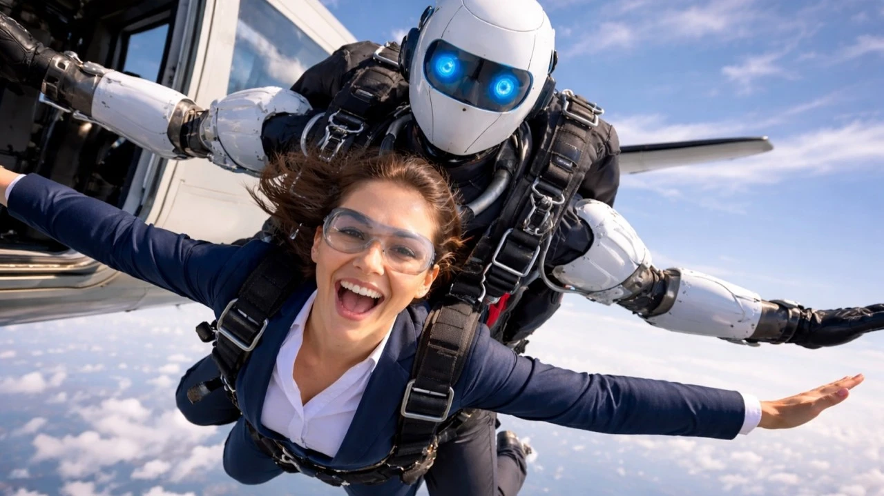 An image of a woman skydiving with a robot.