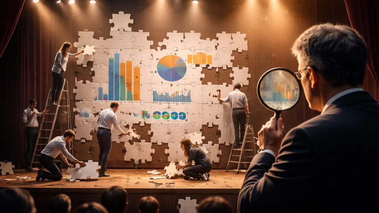 A man looking through a magnifying glass at a group of people putting together a puzzle on stage.