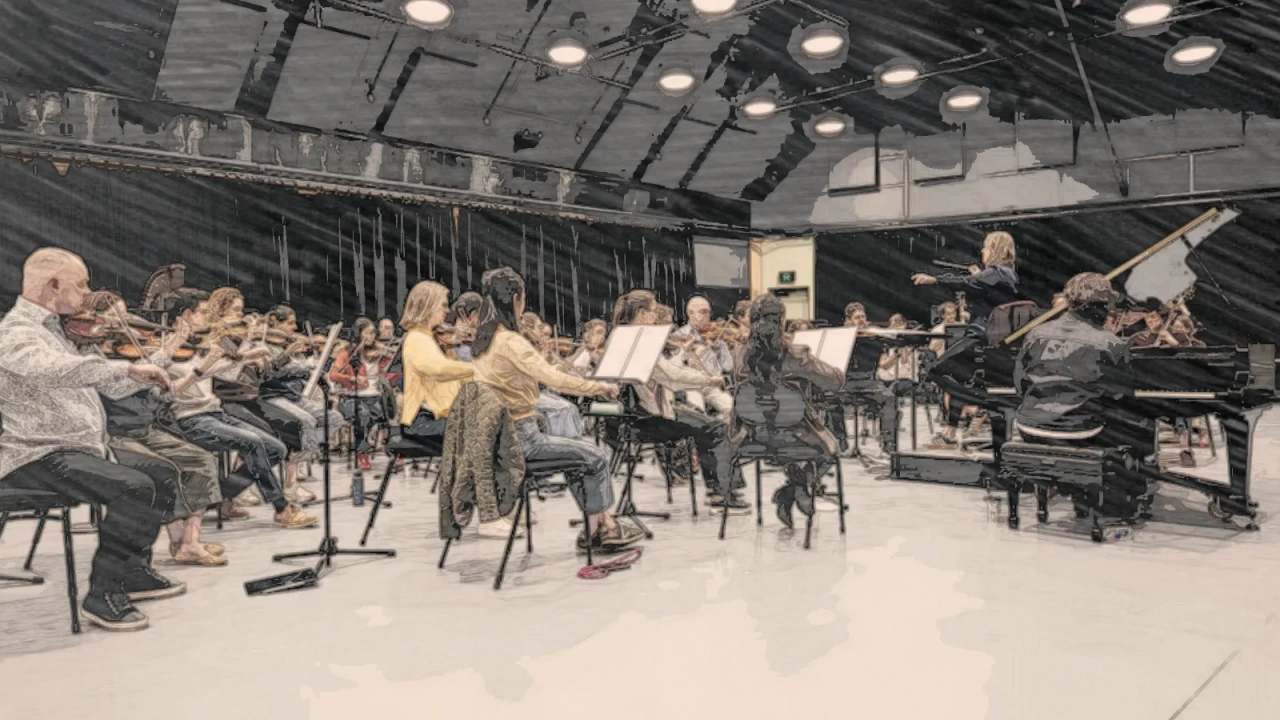 Harry Connick Jr sits at the piano and Jessica Gethin conducts Orchestra Victoria as they rehearse his symphony.
