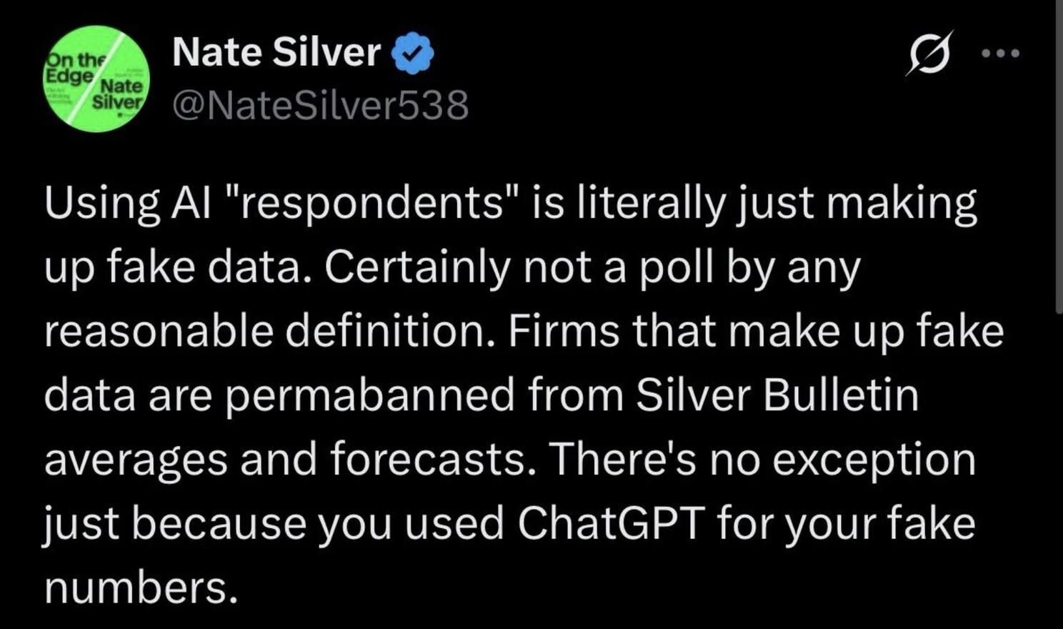 An X post by Nate silver about AI respondents being made up.