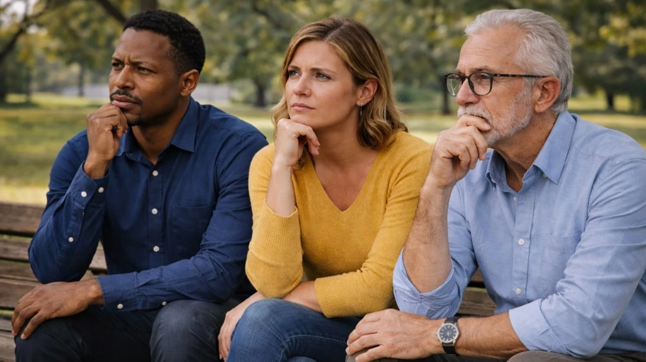 Three people sitting on a park bench thinking.
